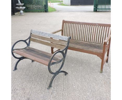 A slatted wooden garden bench, 122cm, together with a smaller bench, 97cm