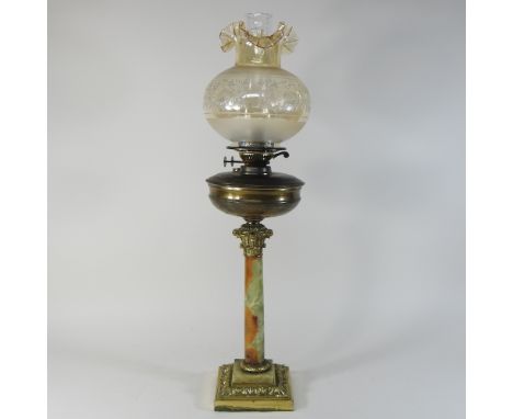 A Victorian oil lamp, with an etched glass shade, 74cm high overall