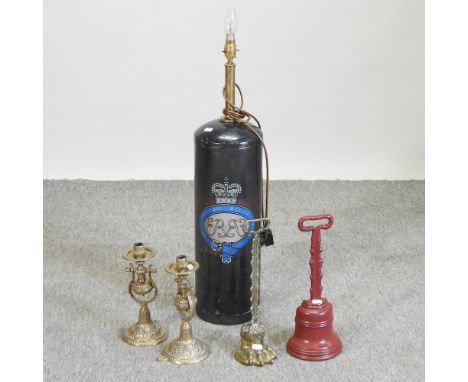 A pair of 19th century brass wall sconces, together with a door porter, another, and a vintage fire extinguisher table lamp