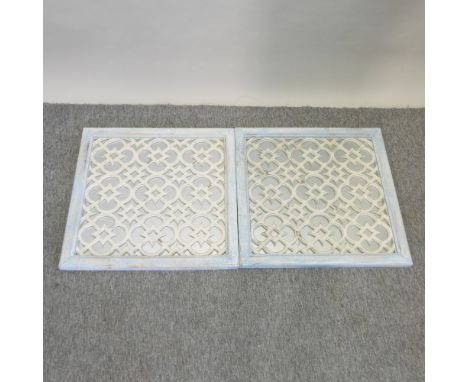 A pair of vintage style blue painted square lattice wall mirrors, 65cm