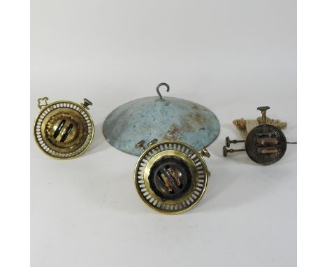 A collection of three Benson spirit burners, for lamps, together with a verdigris lamp cover, 25cm