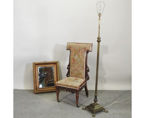 A Victorian tapestry upholstered prie dieu chair, together with a standard lamp and an ornate gilt framed wall mirror, 60 x 5