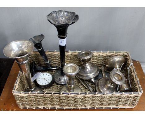 TWO PAIRS OF SHORT SILVER CANDLESTICK, silver posy vase, silver pocket watch by A.M. Webb of Cardigan, silver cigarette case