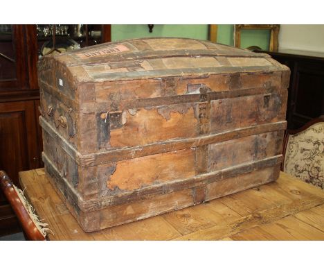 AN OLD IRON BOUND DOME TOPPED TRUNK, 97cm wide x 69cm high (damages)
This trunk was owned by Mrs Alice Francis Christie (nee 
