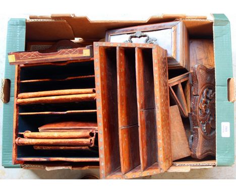 MISCELLANEOUS TREEN CAVED WOODEN ITEMS to include a Georgian tea caddy, a leather bound correspondence desk top, a 19th Centu