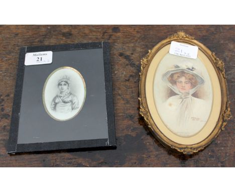 A 19TH CENTURY MINIATURE PORTRAIT OF A YOUNG WOMAN, initialled EEG, December 1893, 6cm together with a watercolour portrait s