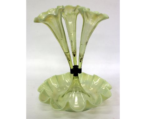 A LATE 19TH CENTURY URANIUM/OPAL GLASS EPERGNE with lobed base and three trumpet vase top, 36cm tall