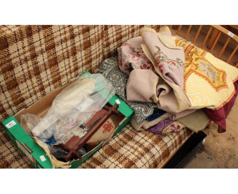 TWO LADIES OSTRICH FEATHER FANS together with a 19th century needlework bell pull, a quantity of tapestry stool covers and pa