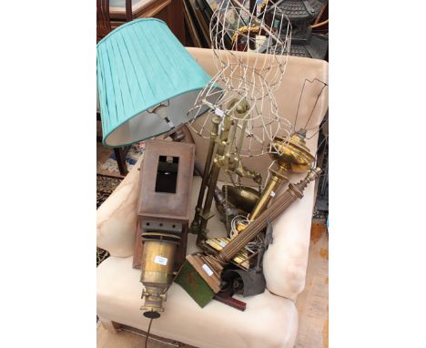 A VICTORIAN MAGIC LANTERN, a set of brass W & T. Avery scales, a silver plated lamp etc. 