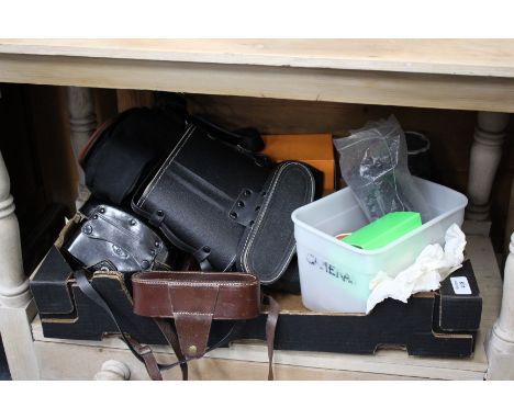 A SMALL QUANTITY OF CAMERAS AND CAMERA EQUIPMENT to include Pentax, Asahi cameras, a pair of binoculars etc. 