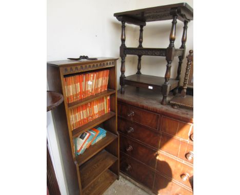 A 20TH CENTURY OAK WATERFALL BOOKCASE 53cm wide together with an oak monks bench 61cm wide and an oak swing mirror (3)