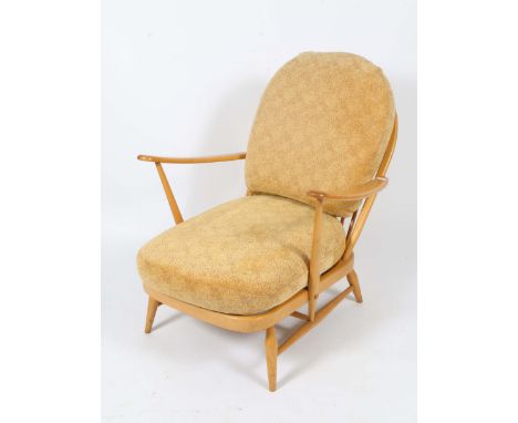 A PAIR OF ERCOL LIGHT ELM SPINDLEBACK LOUNGE CHAIRS