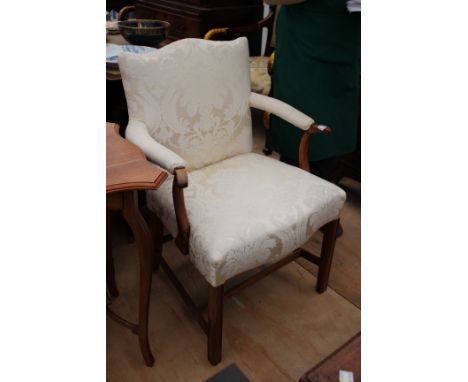 A GEORGIAN UPHOLSTERED ARMCHAIR, an antique elm topped stool 75cm wide (2)
