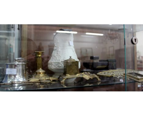 AN EARLY 20TH CENTURY HARDSTONE DESK STAND, a collection of inkwells and two brass candlesticks, a W.Ridgeway & Son bisque po
