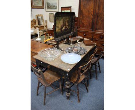 A VICTORIAN PINE AND BLACK PAINTED KITCHEN TABLE with drawer to either end and standing on ring turned tapering legs (formerl