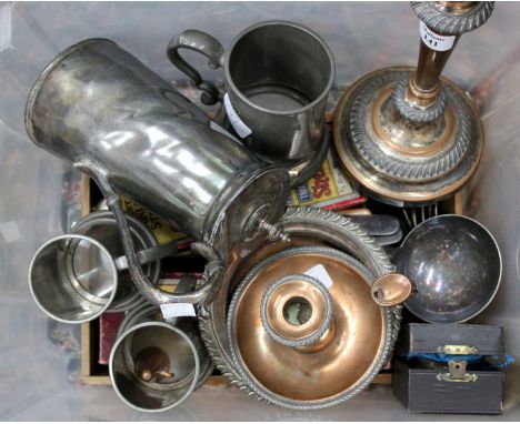 A QUANTITY OF SILVER PLATED CUTLERY together with silver plated wine coaster, a chamber stick, three pewter tankards etc.