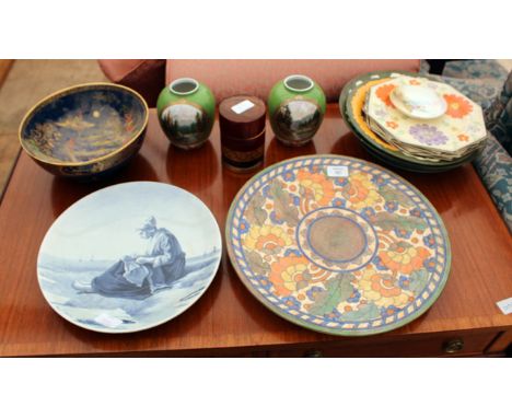 A CHARLOTTE RHEAD CROWN DUCAL, green and orange glazed charger, 37cm dia., together with four dutch Rosalie Royal Zuid Gouda 