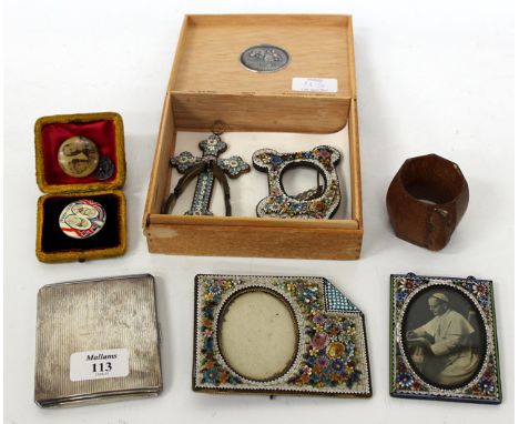 A SILVER CIGARETTE CASE, a Robert 'Mouseman' Thompson oak napkin ring, various micro mosaic ornaments and two badges