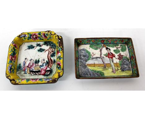 A CHINESE CANTON ENAMEL DISH decorated with a female figure within a garden, 10.5cm x 9.5cm together with a further Canton en