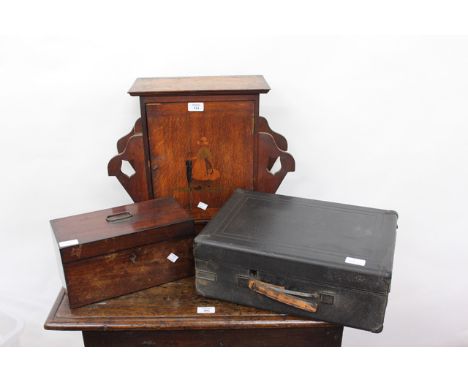 AN EARLY 20TH CENTURY OAK CABINET, Georgian tea caddy and a gramophone (3)