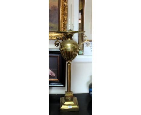 WHITELEY LIMITED MESSENGERS PATENT BRASS OIL LAMP reeded column and stepped square base, 82cm in height