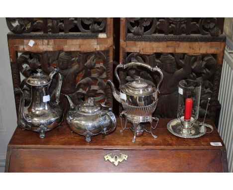 A CANTEEN ON OLD ENGLISH PATTERN SILVER PLATED CUTLERY, further silver plated cutlery, a silver plated kettle and stand, a te
