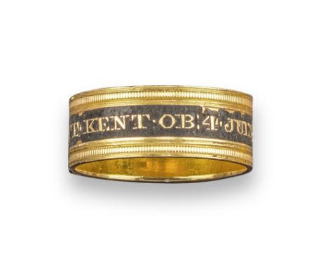 An early 19th century gold mourning ring, with black enamel decoration (damaged) and inscription for Abbott Kent Ob 1811, Lon