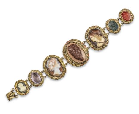 A 19th century gilt metal bracelet mounted with seven carved hardstone cameos and intaglios, including an amethyst cabochon c