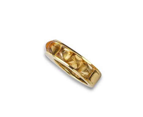 A citrine half-hoop gold ring, channel-set with six sugarloaf citrines in yellow gold, size K