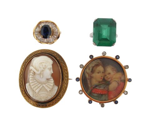 A Victorian shell cameo brooch, within Etruscan Revival gold frame, a circular gold portrait brooch within a surround of sapp