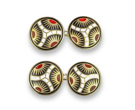 A pair of early 20th century gold cufflinks, the circular gold links with red, black and white enamel decoration with sun spr
