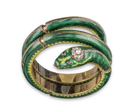 A gold hinged snake bangle, with green and yellow enamel decoration set with a line of small cushion-shaped diamonds, the hea