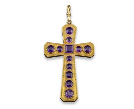 A Victorian amethyst-set gold cruciform pendant, set with graduated circular-cut amethysts and a central square-shaped amethy