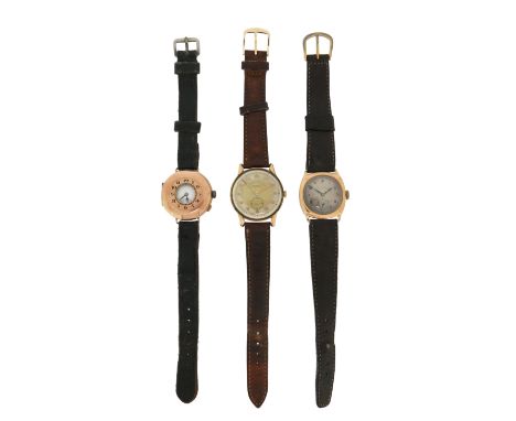 Three gentleman's gold wristwatches, all manual movements, each on a leather band