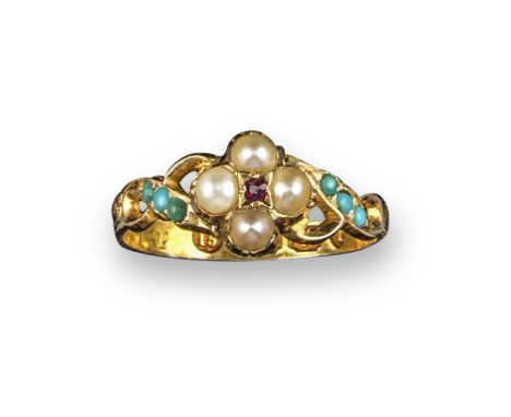 A George III ruby, turquoise and seed pearl-set gold ring, with a ruby and seed pearl quatrefoil and turquoise set to the ope
