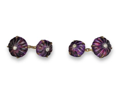 A pair of amethyst and diamond cufflinks, the fluted amethysts each surmounted with a diamond in platinum and yellow gold