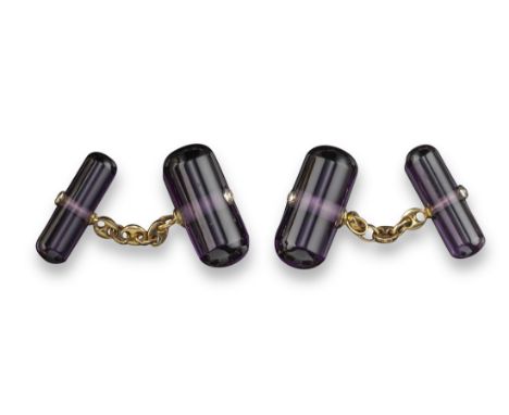 A pair of amethyst baton and diamond cufflinks, joined with anchor-link gold chains