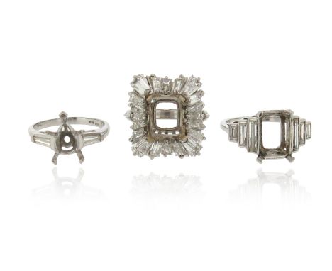 Three diamond-set ring mounts, missing centre stones, one rectangular form with a ballerina-style mount set with tapered bagu