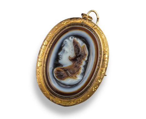 A late 19th century banded agate cameo of Alexander the Great, in gold surround, brooch fitting and pendant loop to reverse, 