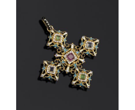 A Renaissance Revival gem-set cruciform pendant in the manner of Giuliano, set with a square-shaped ruby, sapphires and green