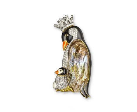 A natural freshwater pearl and diamond penguin brooch, decorated with black, orange and white enamel, the large pearl forming