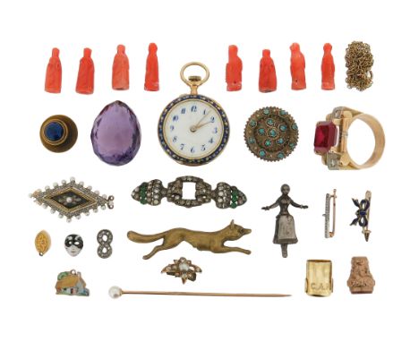 λ A mixed group of jewellery including carved coral, a gold and enamel fob watch, an amethyst briollette, a synthetic ruby an