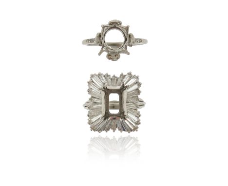 Two diamond-set ring mounts, missing centre stones, one rectangular mount with a ballerina-style border of tapered baguette-s