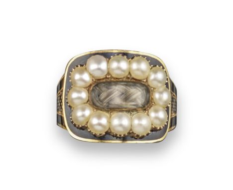 A George III seed pearl-set gold mourning ring, the glazed centre section with plaited hair within black enamel and seed pear