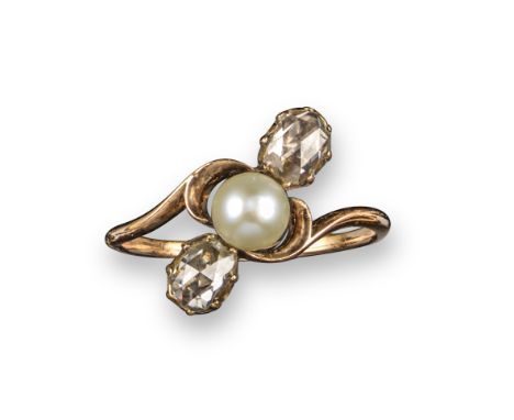 A diamond and pearl three-stone ring, the central pearl set with two rose-cut diamonds in yellow gold, size S
