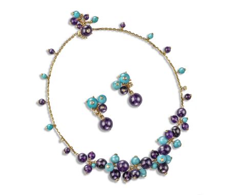 A diamond-set turquoise and amethyst bead necklace, the gold necklace set with graduated turquoise and amethyst beads, the la