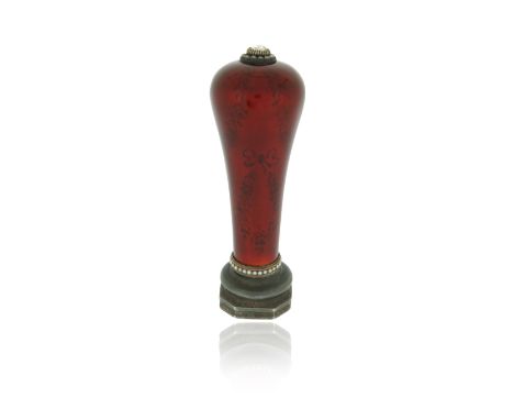 A silver and enamel desk seal, the waisted seal decorated with red guilloche enamel with seed pearls (one missing) to the bas