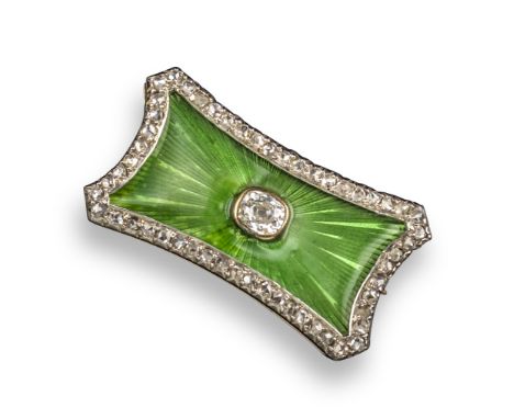 A late 19th century enamel and diamond-set brooch, possibly Russian, of rectangular form, centred with a cushion-shaped diamo