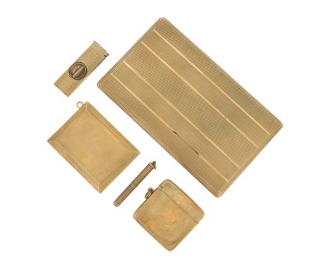 A quantity of gold items, including a 9ct gold rectangular cigarette case with engine-turned decoration and 'Asprey' sliding 