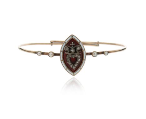 A Victorian composite gold bangle, set with seed pearls and a navette-shaped centre section with red and white enamel decorat